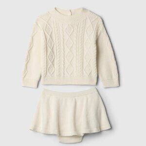 NWT Baby GAP Girls Cable Knit Sweater and Skirt Set Ivory Cotton Size 18-24 Mo.